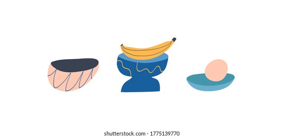 Vector illustration set of bowls and plate. Depiction of different pottery. Crockery, tableware. Ceramic utensil.