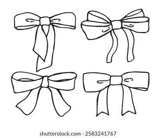 vector illustration, set with bows. black and white drawing in doodle style