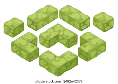 Ilustración vectorial de un conjunto de arbustos caja en un estilo isométrico simple, adecuado para parques públicos, aislado sobre un fondo blanco