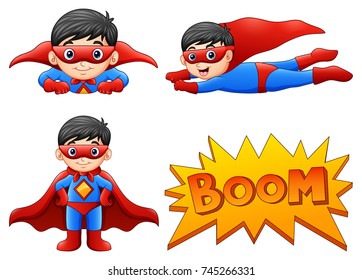 Vector illustration of Set of boy wearing superhero costumes with different pose