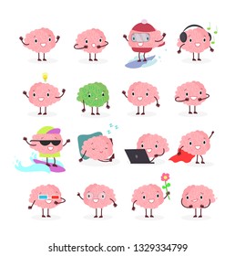 Vector illustration set of brain emoji, emotion brainy character in different positions and emotions, brainstorming set isolated on white background in flat cartoon style.