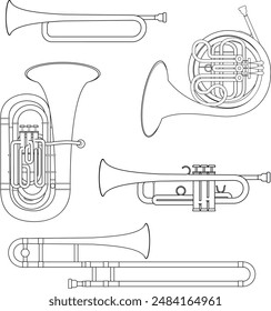 Vector illustration set of brass musical instruments for coloring in cartoon style isolated on white background