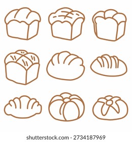 Vector illustration set of bread and pastry icons in a simple minimalist line style.