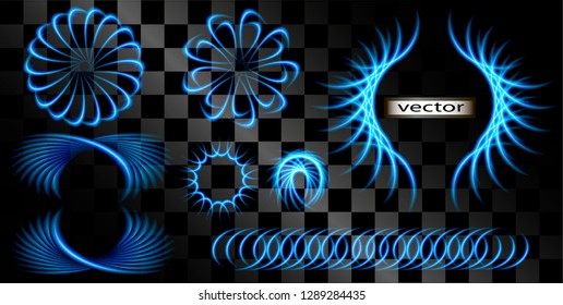 Vector illustration of set of bright blue frame design contours the glowing and brilliant effects of the light pattern of the ornament is a light color as a decoration on a transparent background