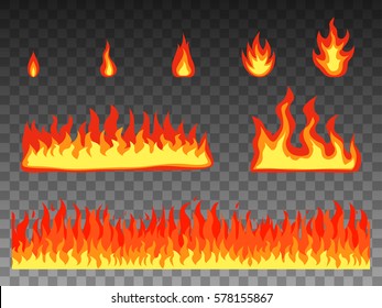 Vector illustration set bright cartoon fire flame. Isolated transparent background. Flat style. Elements, objects for design. The fiery flames of hell, the underworld.