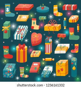Vector illustration:  set of bright Christmas vintage gift icons isolated on blue background. Decorative elements for Christmas greeting cards, posters, postcards, wrapping paper, scrapbooking
