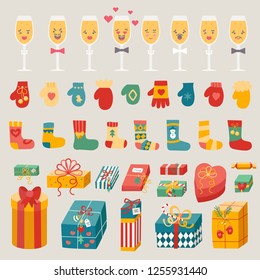 Vector illustration: set of bright Christmas gifts, champagne glasses, mittens and socks isolated on creamy background. Decorative elements for Christmas greeting cards, posters, postcards, scrapbook
