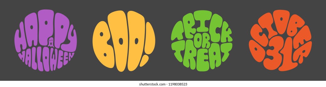 Vector illustration set of bright circle lettering designs isolated on black background.Design elements for Halloween design: posters, postcards, scrapbooking, greeting cards, wrapping paper 
