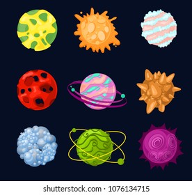 Vector illustration set of bright color cartoon fantastic planets and cosmic objects on space background in flat style.