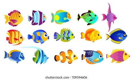 Vector illustration set of bright colored tropical fish isolated on white background in cartoon style.