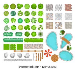 Vector illustration set of bright colorful parck elements for landscape design. Top view of trees, plants, outdoor furniture, architectural elements, pools and fences. Benches, chairs and tables