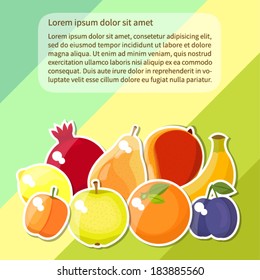 Vector illustration. Set of bright cute pictures of different fruit and place for your text. Isolated on green and yellow background.