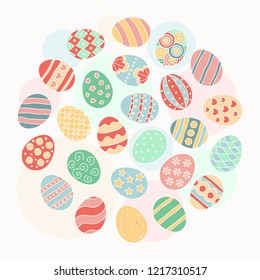 Vector illustration: set of bright Easter egg icons isolated in circle shapeon white background. Decorative elements for Easter greeting cards, posters, postcards, wrapping paper, scrapbooking
