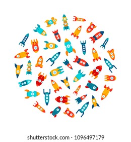 Vector illustration: Set of bright flat icons with different rocket ships fly in circle form isolated on white background. Project start up and development process. Innovation product and management.
