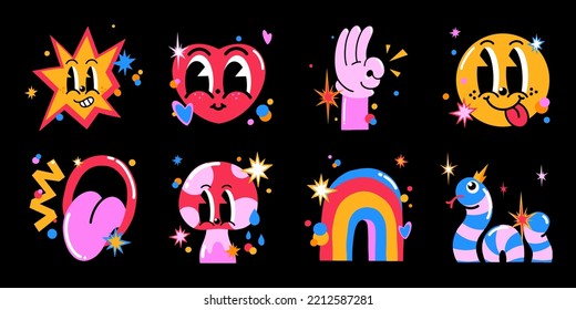 Vector illustration set, bright hand drawn, Abstract comic icon, flat cartoon character in children's style