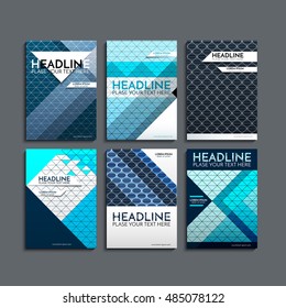 Vector illustration of a set of brochures. Cover design of geometric shapes. Triangles blue.
