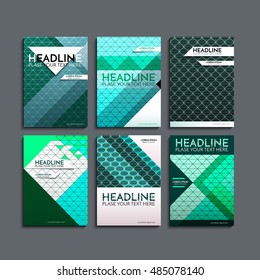 Vector illustration of a set of brochures. Cover design of geometric shapes. Triangles of turquoise and green.