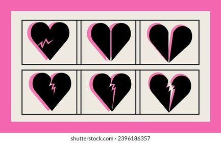 Vector illustration set with broken heart shapes. Black and pink colection