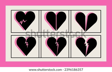 Vector illustration set with broken heart shapes. Black and pink colection