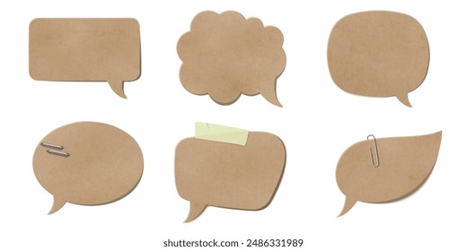 Vector illustration set of brown cardboard speech and thought bubbles with various shapes, some with paper clips and tape. Perfect for creative and office designs.