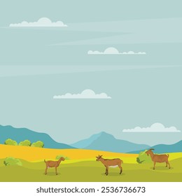 Vector illustration set of brown goat in cartoon flat style. Nubian Goat in different poses, with rural scene field with green grass. Icon for digital resources, logo, infographic