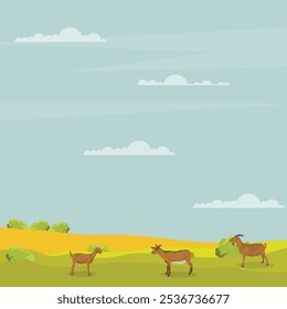 Vector illustration set of brown goat in cartoon flat style. Nubian Goat in different poses, with rural scene field with green grass. Icon for digital resources, logo, infographic