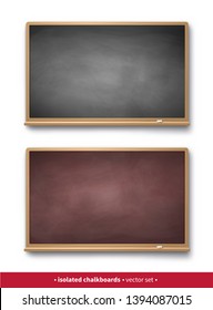 Vector illustration set of brown and gray vintage horizontal chalkboards with wooden frames with piece of chalk and shadow isolated on white background.
