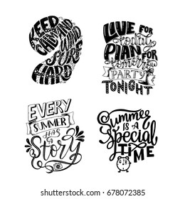 Vector illustration Set Brush lettering composition of Summer quotes on white background. Summer lettering for cards, posters, prints and more