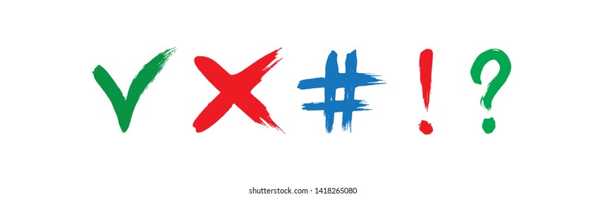 Conjunto de ilustraciones vectoriales de iconos y símbolos pintados con pincel, signo de interrogación, exclamación, marca de verificación, cruz y etiqueta