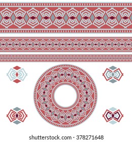 Vector illustration of a set of brushes, borders, frames in contrast colors and boho style, for scrapbook, decorations, templates and other designs