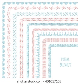 Vector illustration of a set of brushes in tribal, boho style - in trendy light blue and pink colors