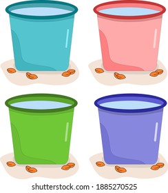 Vector illustration set of a bucket cleaning on the yard surrounded by leaves