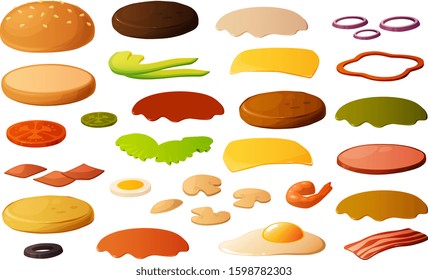 Vector illustration of a set of build your own burger ingredients isolated on white background