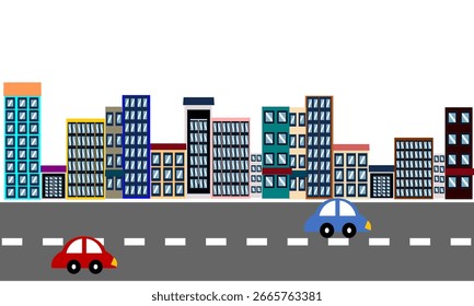 ilustração vetorial do conjunto de edifícios na estrada e carro da cidade, cidade