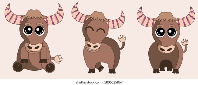 vector illustration set of bull poses. Cute bull is a symbol of 2021 on the Chinese calendar. Brown bison young child on a postcard for the new year and christmas holiday. Funny kawaii flat style.