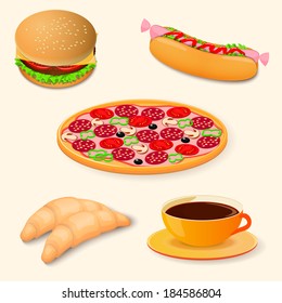 vector illustration set  with burger, hot dog, pizza, croissant and cup of coffee  - eps10