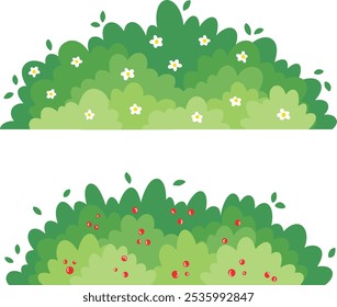Vector illustration set of bush on white background. Green bush with fruits and flowers. Cute green grass set, collection. Vector illustration