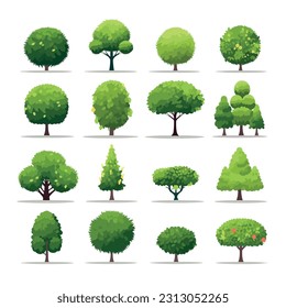 Vector illustration set of bushes in a flat design, minimalism style. Gardening guides, park signage, or nature-themed graphic design projects