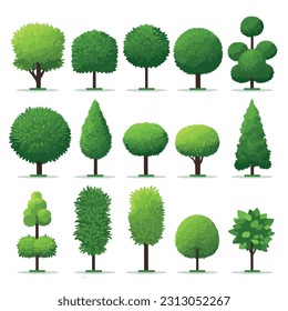 Vector illustration set of bushes in a flat design, minimalism style. Gardening guides, park signage, or nature-themed graphic design projects