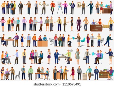 Vector Illustration Of Set Of Business Character Man And Woman Working Office Colleague Doing Meeting, Confrence, Presentation