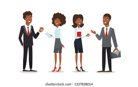 Vector illustration set of business characters. Collection of African American businessmen and businesswomen talking and smiling in flat cartoon style isolated on white background.