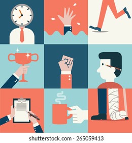 Vector illustration set of business concept, presenting to time management, failure, victory, fighting, relaxation, working, thinking, and get injury. Flat design and simple style.  