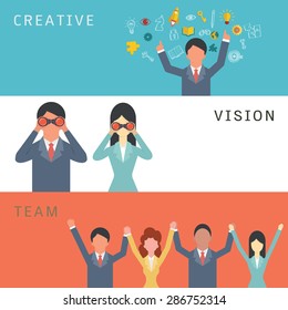 Vector illustration set of business creative, vision, and team work concept. Cartoon character of business man and woman in simple and flat design. 