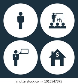 Vector Illustration Set Business Icons. Elements of Businessman, Training, Presentation, Education, Human Mind and Dollar house icon on white background