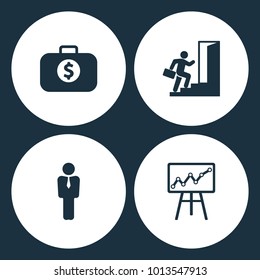 Vector Illustration Set Business Icons. Elements of Case with dollar, Running Businessman, Manager and Diagram up icon on white background