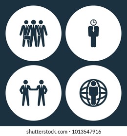 Vector Illustration Set Business Icons. Elements of Team, Businessman with clock head, Friendly handshake and Man standing on the globe icon on white background