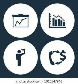 Vector Illustration Set Business Icons. Elements of Board, Diagram up, Man with flag and Dollar phone icon on white background