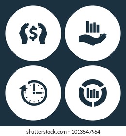 Vector Illustration Set Business Icons. Elements of Money in hand, Growing graph, Clock and Graph icon on white background