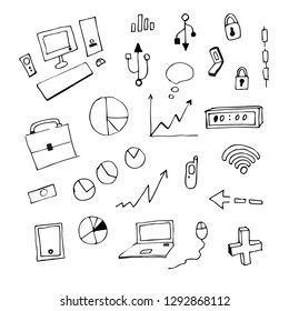 Vector illustration. Set. Business icons and badges. Technology, computer, computer mouse, keyboard, clock, graphics, diagrams, telephone, network, arrow, cross. Black and white, graphic, contour, iso