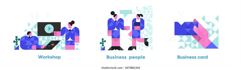 Vector illustration. Set of business icons, workshop, business woman, business card in hand. Abstract, background patterns, triangular mosaics, stylized polygonal images, geometric backgrounds.